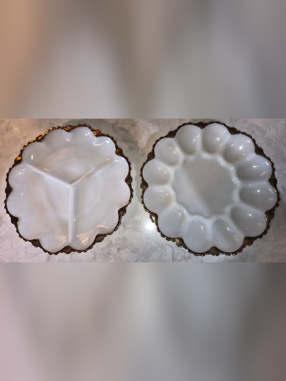 2 Vintage mid-century white milk glass serving platters with scalloped rims